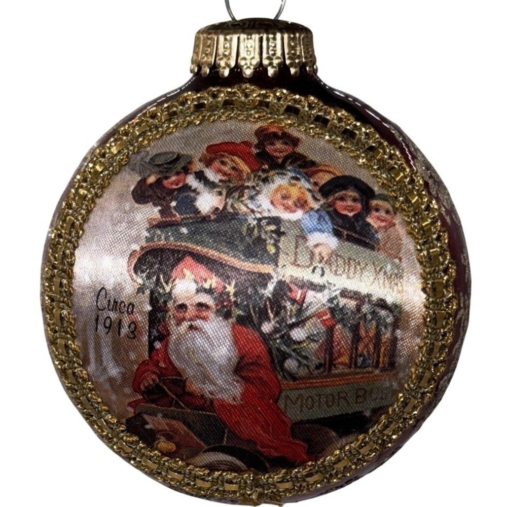 Vintage 1993 Krebs Christmas Ornament Santa Motor Bus 1913 Red‎ Glass